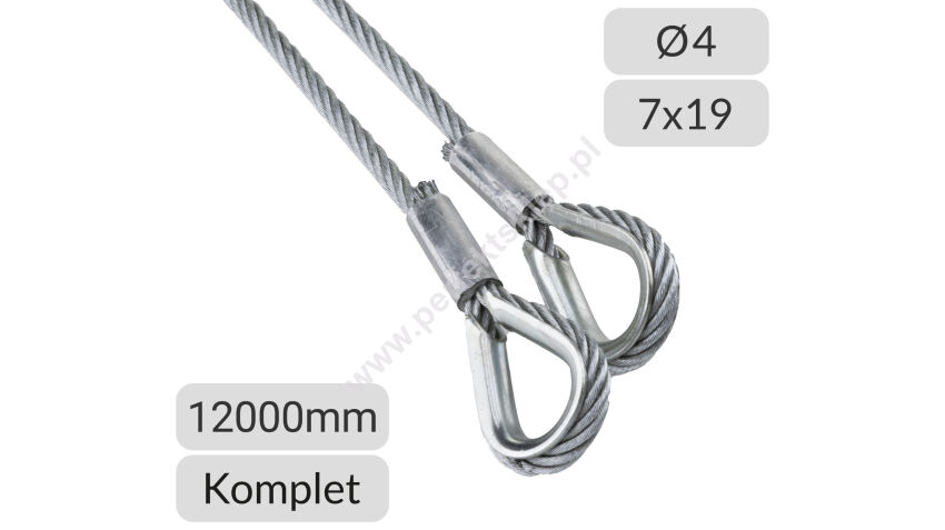 Komplet lin stalowych ocynkowanych 4mm L=12000mm zakończonych kauszą nr kat. K-4-7x19-12