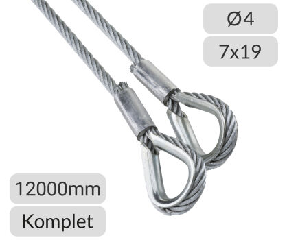 Komplet lin stalowych ocynkowanych 4mm L=12000mm zakończonych kauszą nr kat. K-4-7x19-12