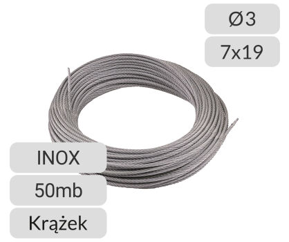 Lina stalowa nierdzewna 3mm splot 7x19 krążek 50mb Polsling nr kat. A-3-7x19-50