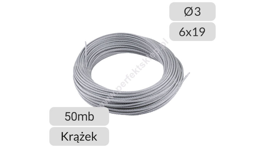 Lina stalowa ocynkowana 3mm splot 6x19 krążek 50mb Polsling nr kat. 3-6x19-50