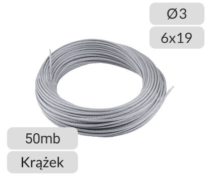 Lina stalowa ocynkowana 3mm splot 6x19 krążek 50mb Polsling nr kat. 3-6x19-50