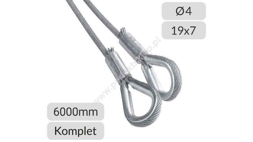 Komplet lin stalowych ocynkowanych 4mm L=6000mm zakończonych kauszą Polsling nr kat. K-4-19x7-6