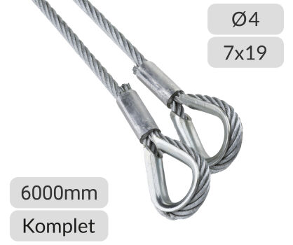 Komplet lin stalowych ocynkowanych 4mm L=6000mm zakończonych kauszą nr kat. K-4-7x19-6