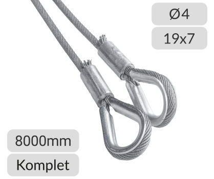 Komplet lin stalowych ocynkowanych 4mm L=8000mm zakończonych kauszą nr kat. K-4-19x7-8