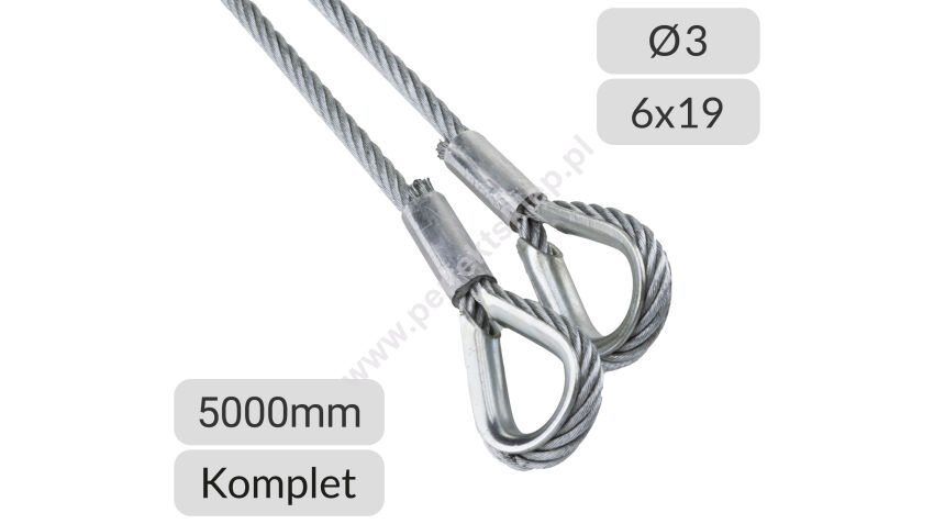 Komplet lin stalowych ocynkowanych 3mm L=5000mm zakończonych kauszą Polsling nr kat. K-3-6x19-5